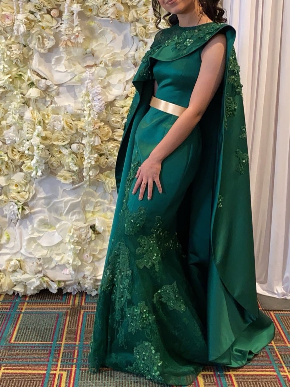 Green Embellished Cape Evening Gown with Satin Waist